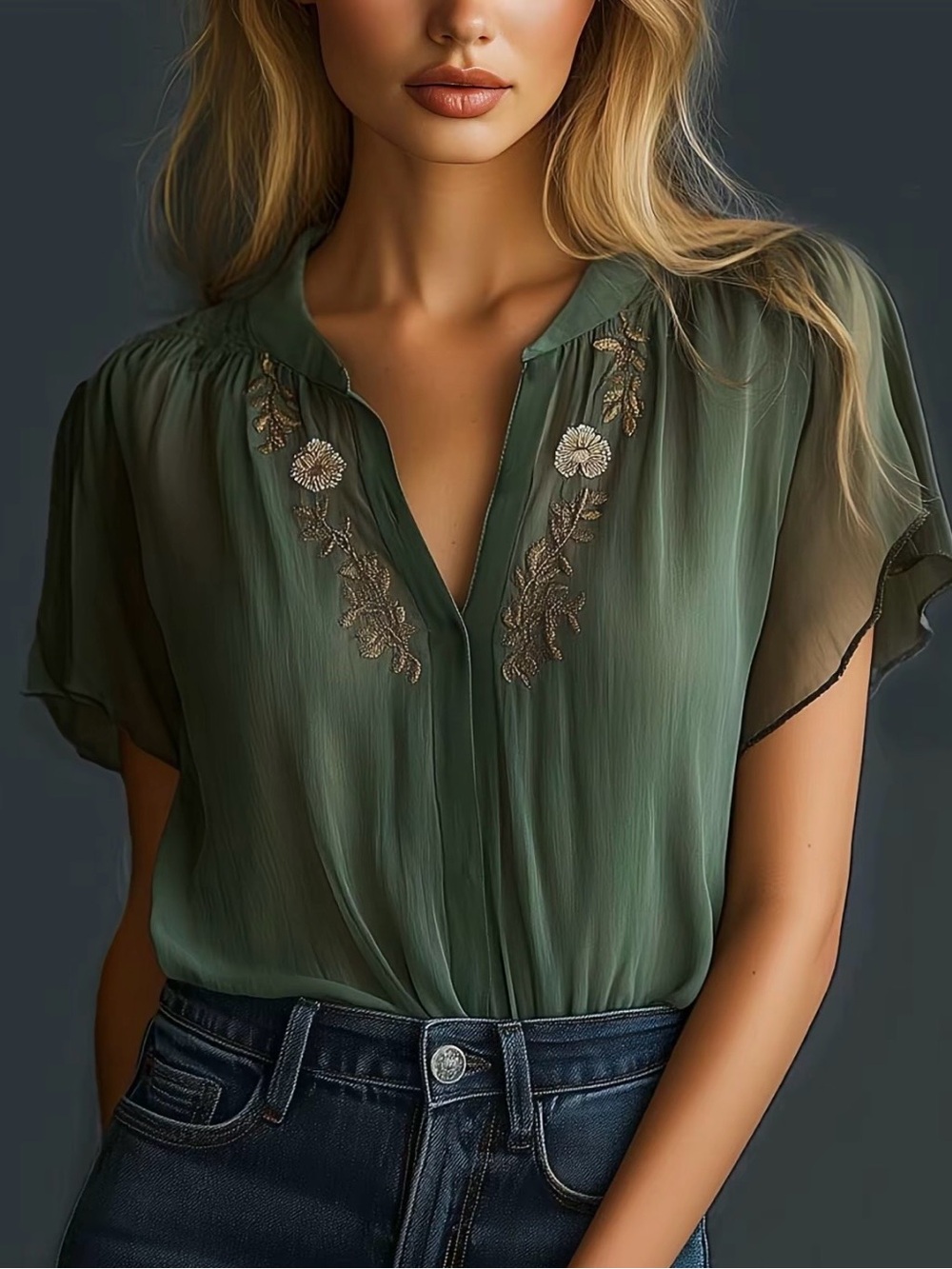 Olive Green Embroidered V-Neck Women's Top